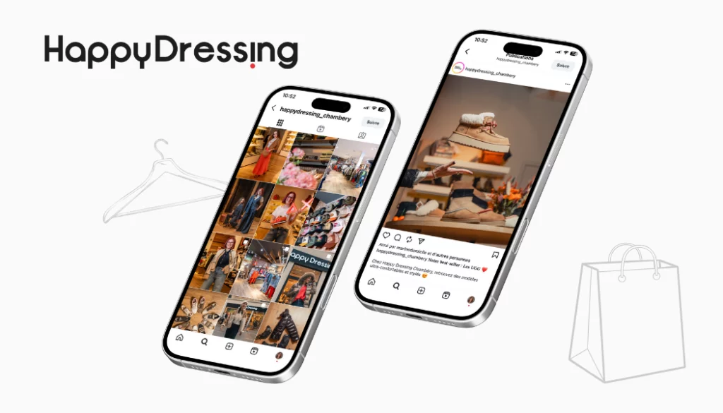 Logo, réseaux sociaux et supports de communication pour les boutiques Happy Dressing à Chambéry, Bassens et Saint-Martin d’Hères