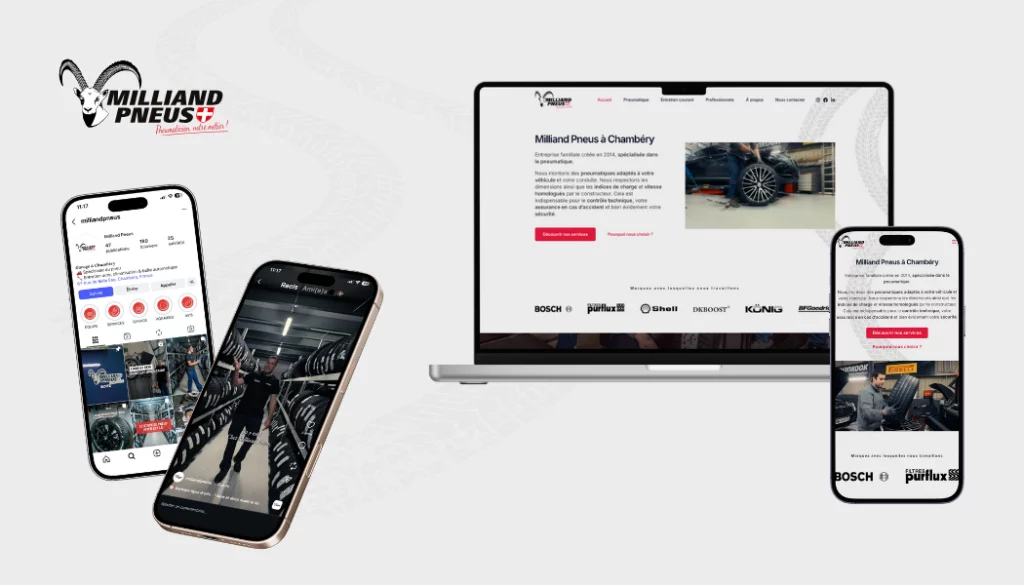 Site internet, réseaux sociaux & contenus visuels pour le garage Milliand Pneus à Chambéry