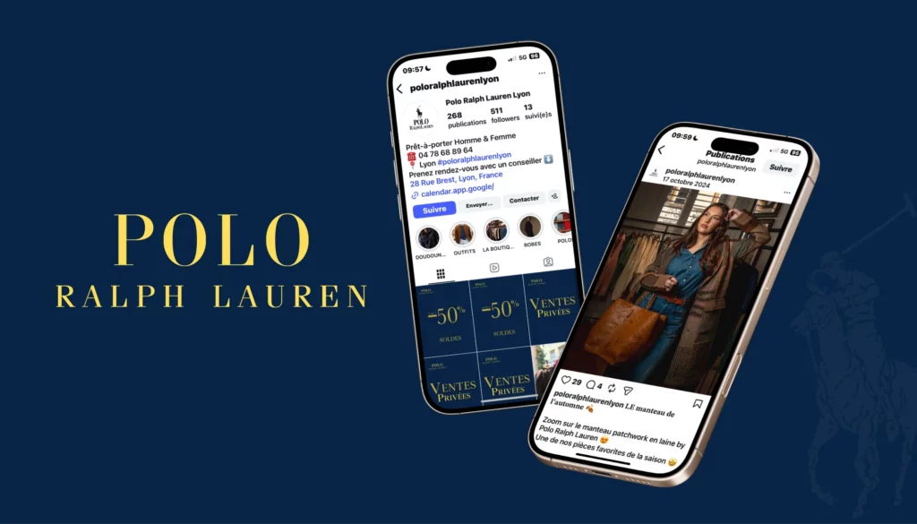Deux téléphones affichant les réseaux sociaux de Ralph Lauren Lyon, illustrant la stratégie digitale et la présence de la boutique sur les réseaux sociaux.
