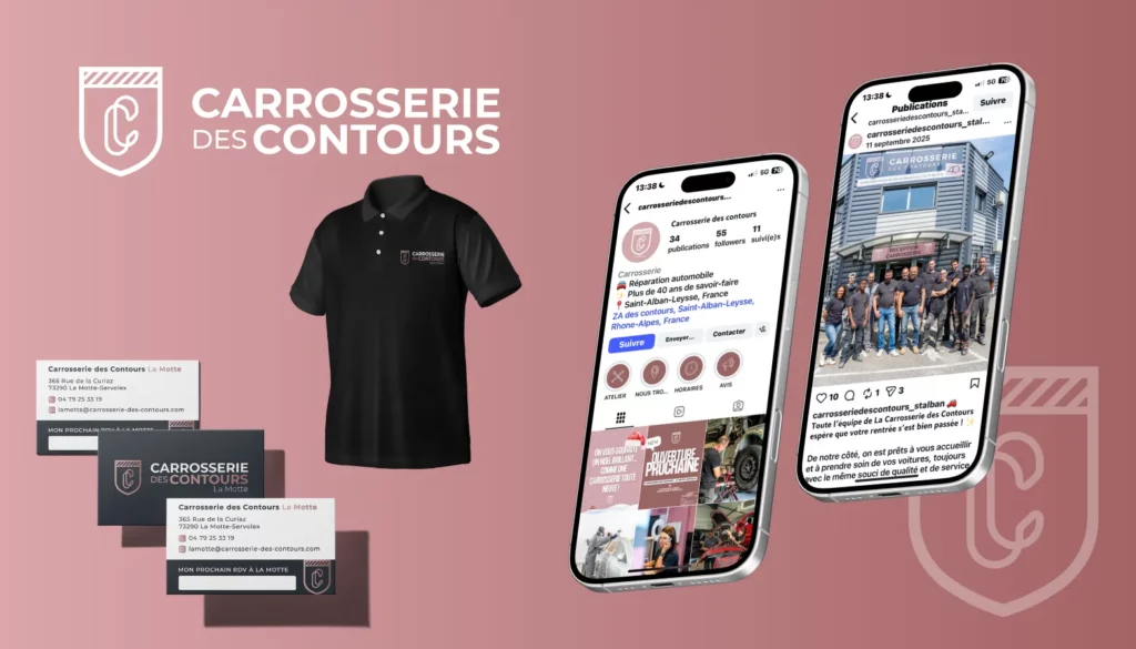 Réseaux sociaux, textile et cartes de visite de la Carrosserie des Contours